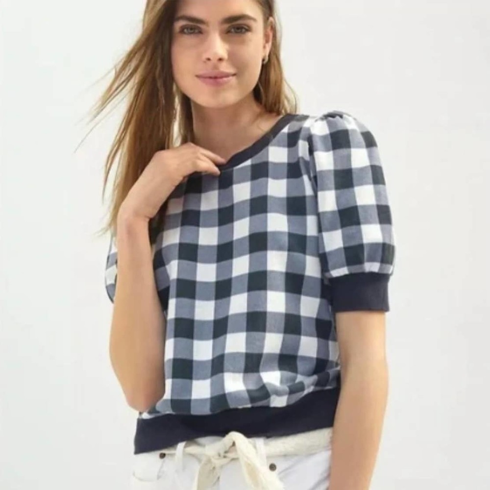 Anthropologie T.La Blue & White Gingham Puff Sleeve Pullover Size Small